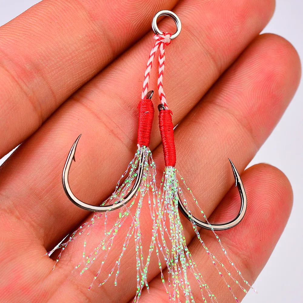 5pair Fly Fishing Jig Hooks Barbed Double Circle High Carbon Steel Carp Hook With Thread Feather Roped Fishhook Fishing Tackle