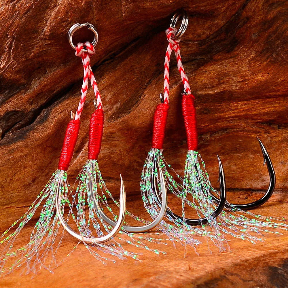 5pair Fly Fishing Jig Hooks Barbed Double Circle High Carbon Steel Carp Hook With Thread Feather Roped Fishhook Fishing Tackle