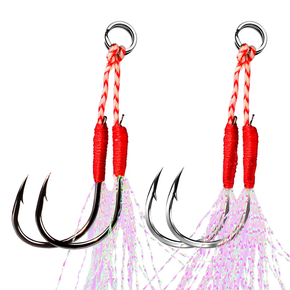 5pair Fly Fishing Jig Hooks Barbed Double Circle High Carbon Steel Carp Hook With Thread Feather Roped Fishhook Fishing Tackle