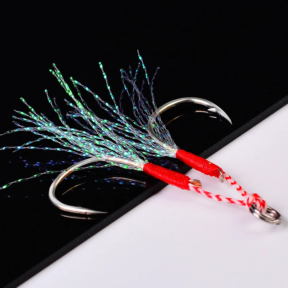 5pair Fly Fishing Jig Hooks Barbed Double Circle High Carbon Steel Carp Hook With Thread Feather Roped Fishhook Fishing Tackle