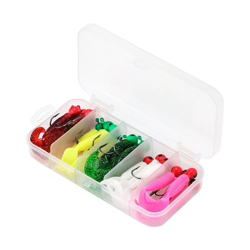 New 20/10PCS Metal Jig Head Fishing Hooks with Soft Worm Lure Grub Silicone Artificial Swimbait Sea Fishing Bait Tackle with Box