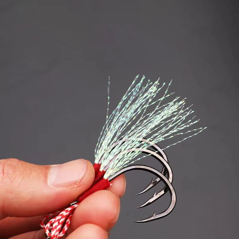10PCS/Lot Carbon Steel Cast Jig Assist Fishing Hooks Thread Feather Lure Fishing Tackle Slow Jigging Head Hook Lure Accessories