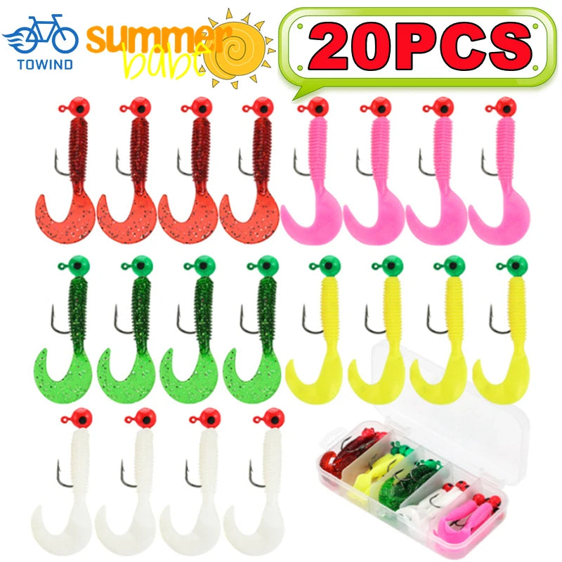 New 20/10PCS Metal Jig Head Fishing Hooks with Soft Worm Lure Grub Silicone Artificial Swimbait Sea Fishing Bait Tackle with Box