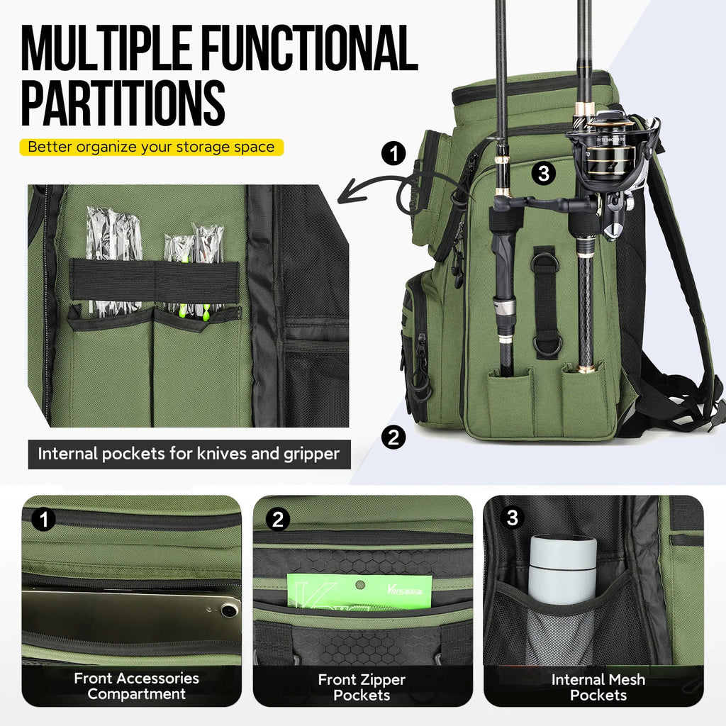 Fishing Backpack with Rod Holders Multifunctional Fish Tackle Rucksack Lure Organizer Storage Bag Outdoor Hiking Hunting Bagpack