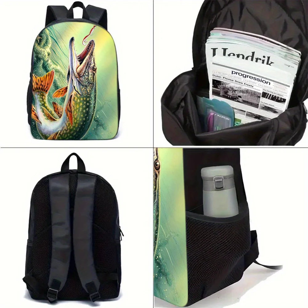A 3pcs Backpack Set Themed for Fishing, Featuring a Shoulder Bag, a Crossbody Bag, And a Pencil Case, Ideal for School Or Travel
