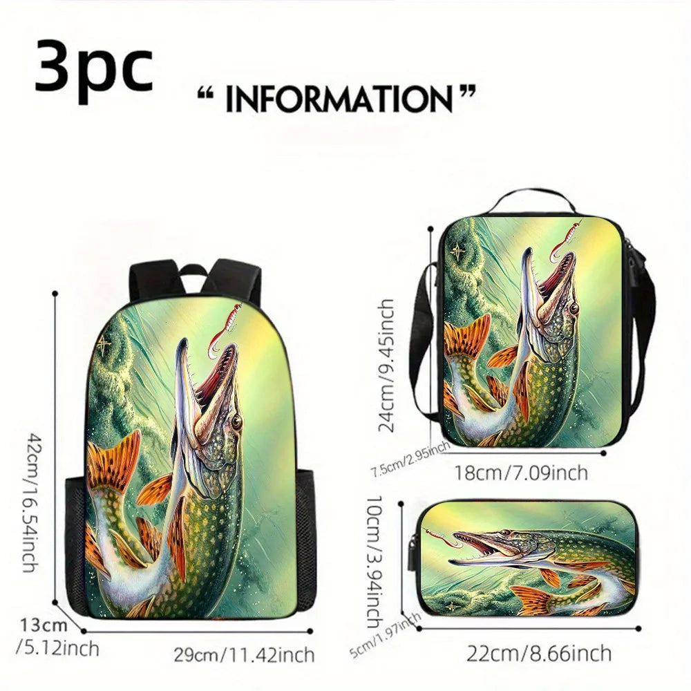 A 3pcs Backpack Set Themed for Fishing, Featuring a Shoulder Bag, a Crossbody Bag, And a Pencil Case, Ideal for School Or Travel