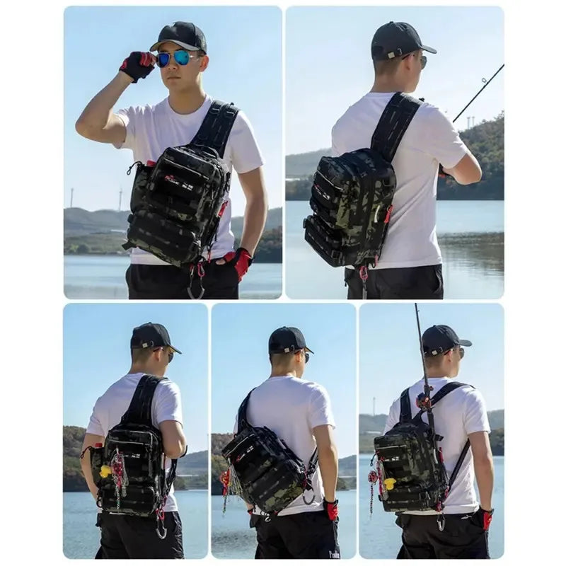 Fishing Tackle Backpack Storage Bag Men's Outdoor Shoulder Hanging Fishing Bait Equipment Bag with Rod Holder Camping Hunting Hi
