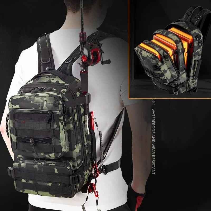 Fishing Tackle Backpack Storage Bag Men's Outdoor Shoulder Hanging Fishing Bait Equipment Bag with Rod Holder Camping Hunting Hi