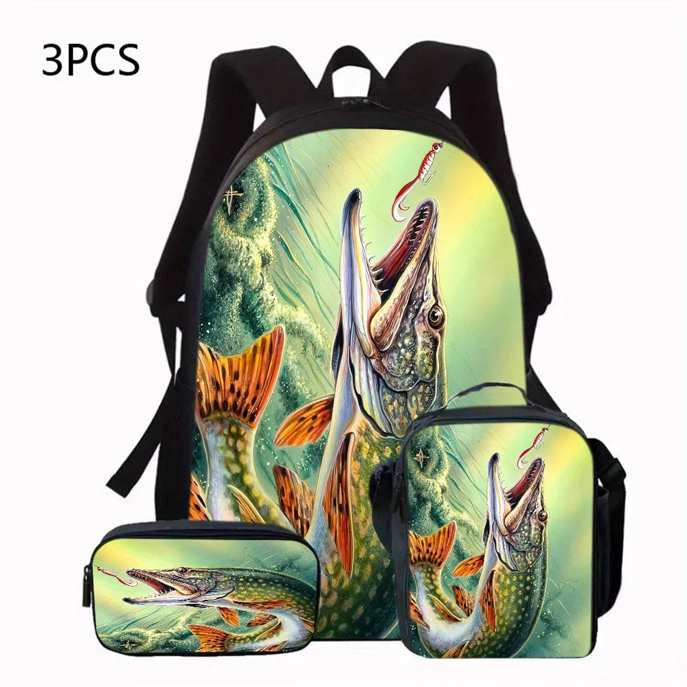 A 3pcs Backpack Set Themed for Fishing, Featuring a Shoulder Bag, a Crossbody Bag, And a Pencil Case, Ideal for School Or Travel