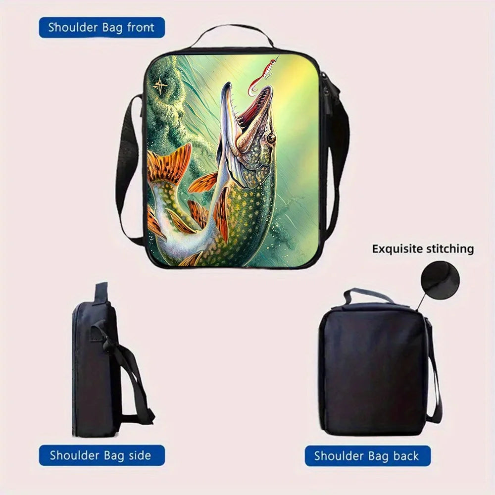 A 3pcs Backpack Set Themed for Fishing, Featuring a Shoulder Bag, a Crossbody Bag, And a Pencil Case, Ideal for School Or Travel
