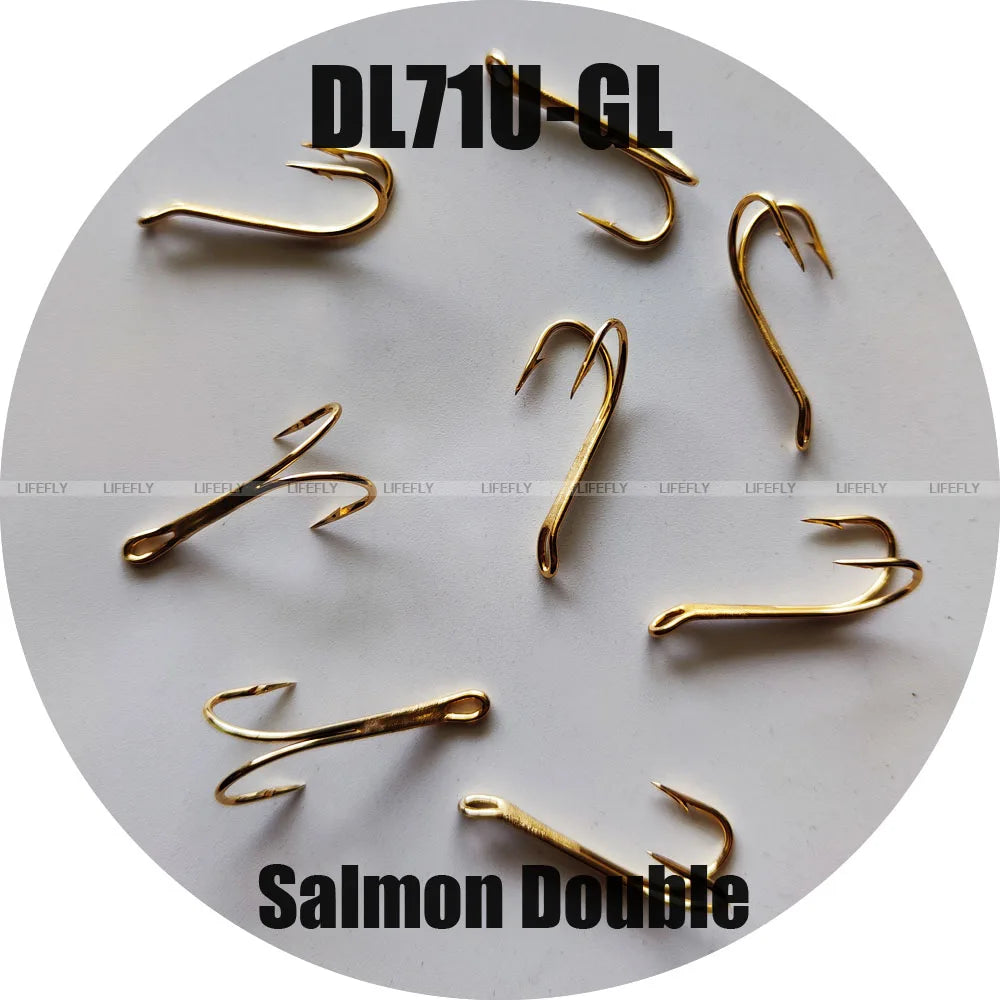 DL71U-GL, Gold Color, Salmon Double Hooks, 50pcs Fishing Hooks