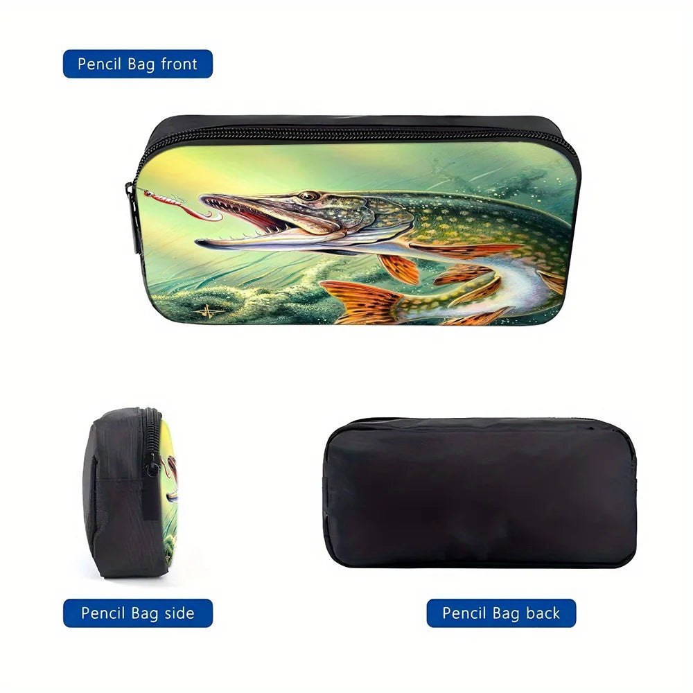 A 3pcs Backpack Set Themed for Fishing, Featuring a Shoulder Bag, a Crossbody Bag, And a Pencil Case, Ideal for School Or Travel