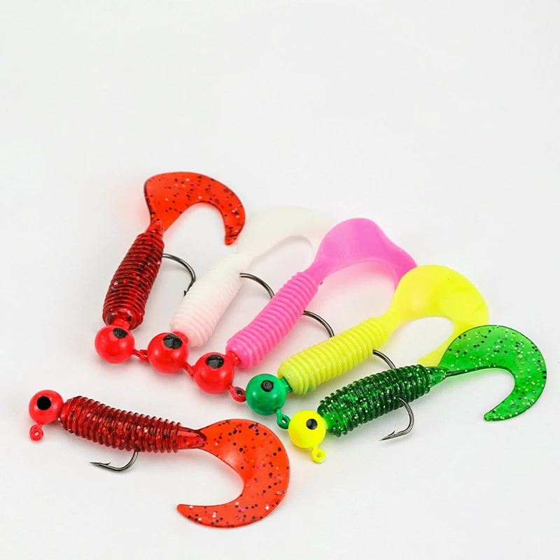 New 20/10PCS Metal Jig Head Fishing Hooks with Soft Worm Lure Grub Silicone Artificial Swimbait Sea Fishing Bait Tackle with Box