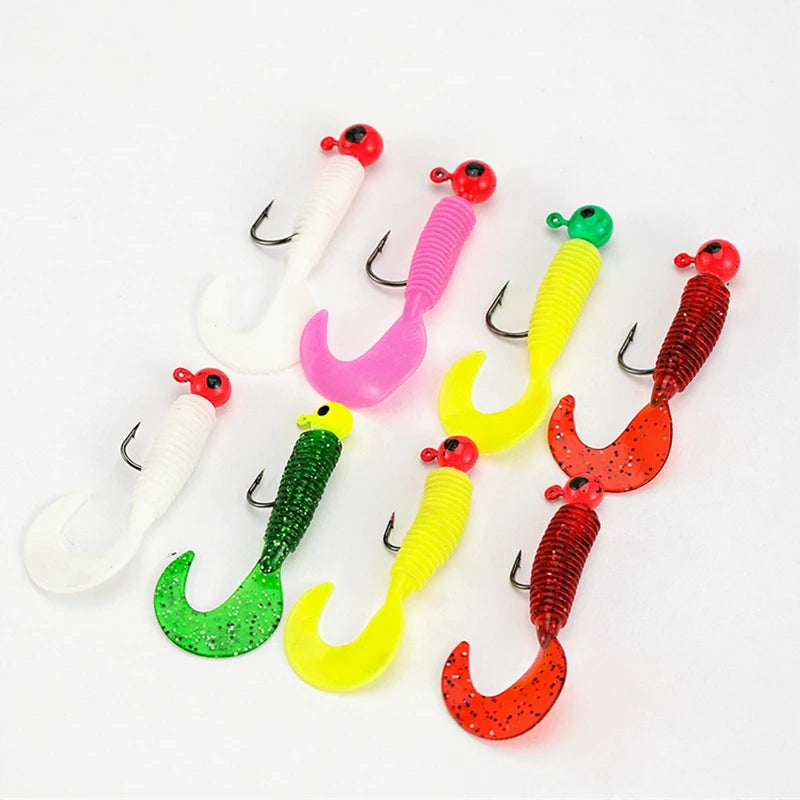 New 20/10PCS Metal Jig Head Fishing Hooks with Soft Worm Lure Grub Silicone Artificial Swimbait Sea Fishing Bait Tackle with Box