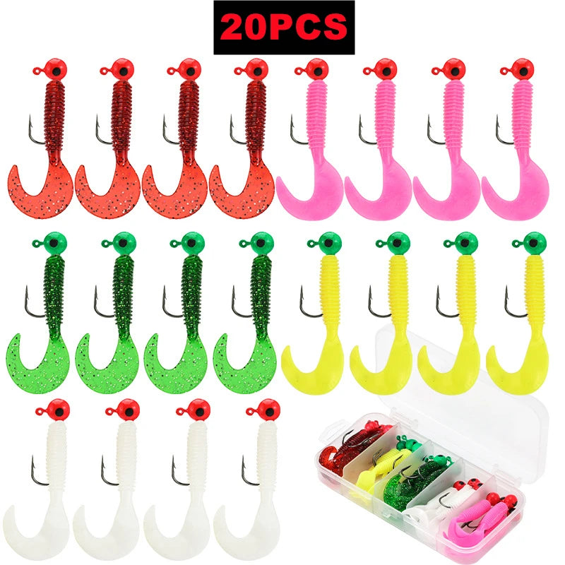 New 20/10PCS Metal Jig Head Fishing Hooks with Soft Worm Lure Grub Silicone Artificial Swimbait Sea Fishing Bait Tackle with Box