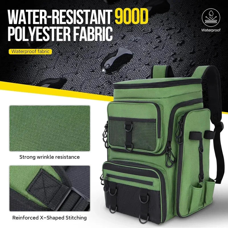 Fishing Backpack with Rod Holders Water-Resistant Large Tackle Bag for Storing Fishing Gear Lures Organizer Storage Backpack